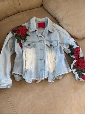 Emory Park Light Wash Denim Jacket with Red Rose Appliqués